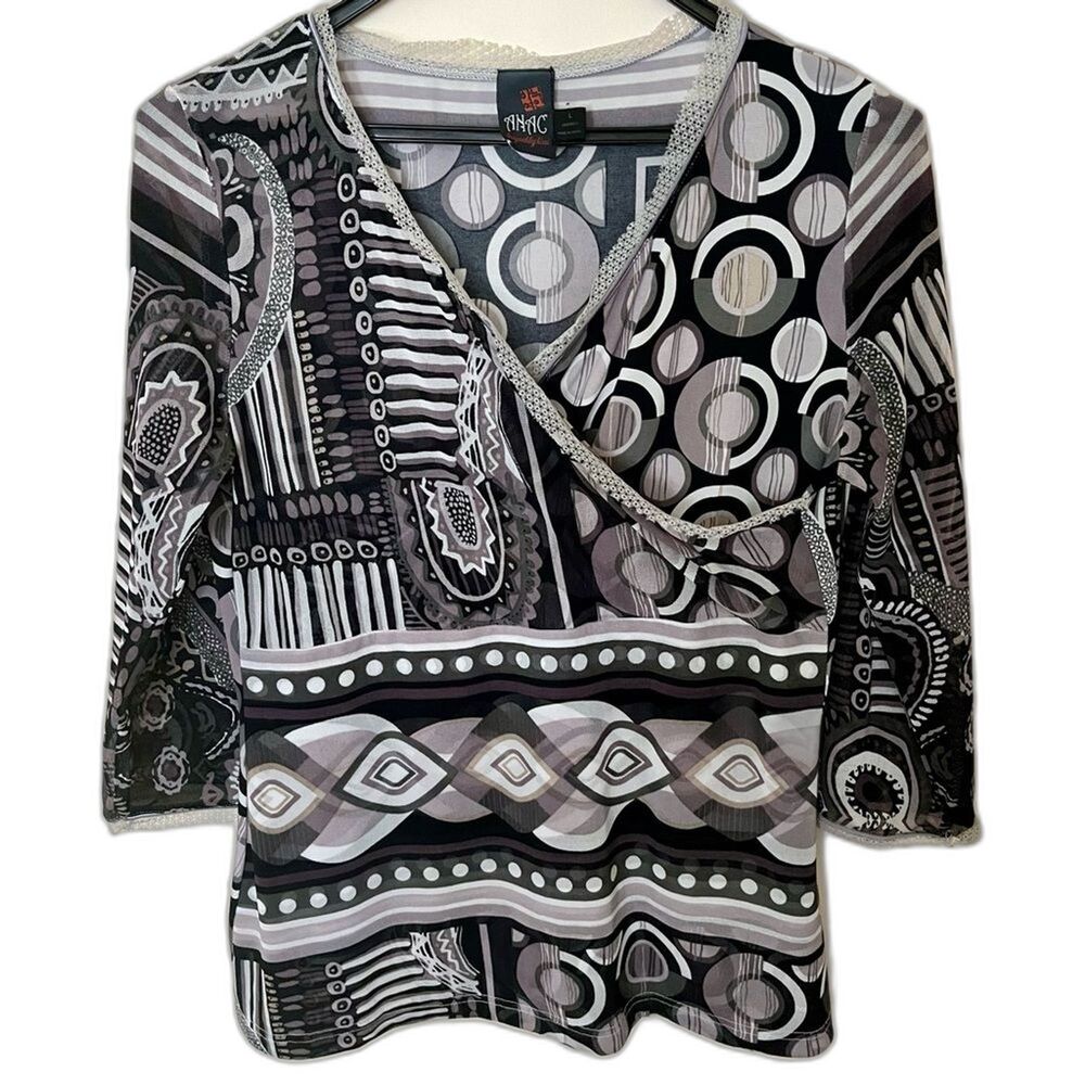 ANAC by Kimi Vintage Y2K Mixed Print Mesh Surplice Top Artsy Art to Wear Sheer L